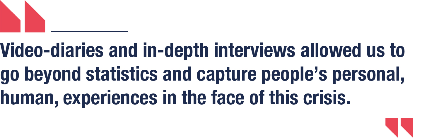Video-diaries and in-depth interviews allowed us to go beyond statistics and capture people’s personal, human, experiences in the face of this crisis.