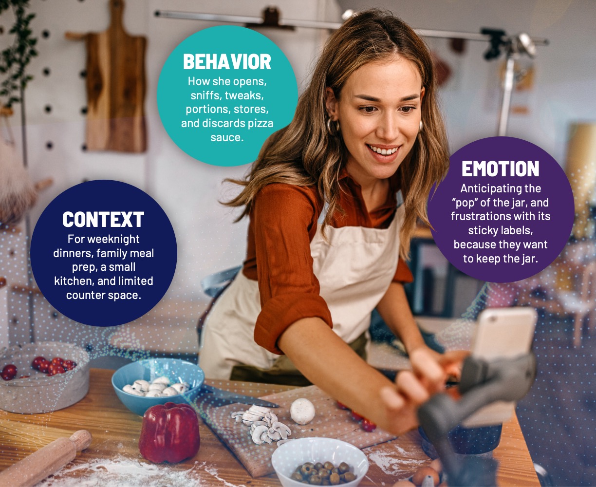 Image shows a woman preparing a meal. Behavior: How she opens, sniffs, tweaks, portions, stores and discards pizza sauce. Emotion: Anticipating the pop of the jar and frustratoins with its sticky labels becasue they want to keep the jar. Context: For weeknight dinners, family meal prep, a small kitchen and limited counter space.