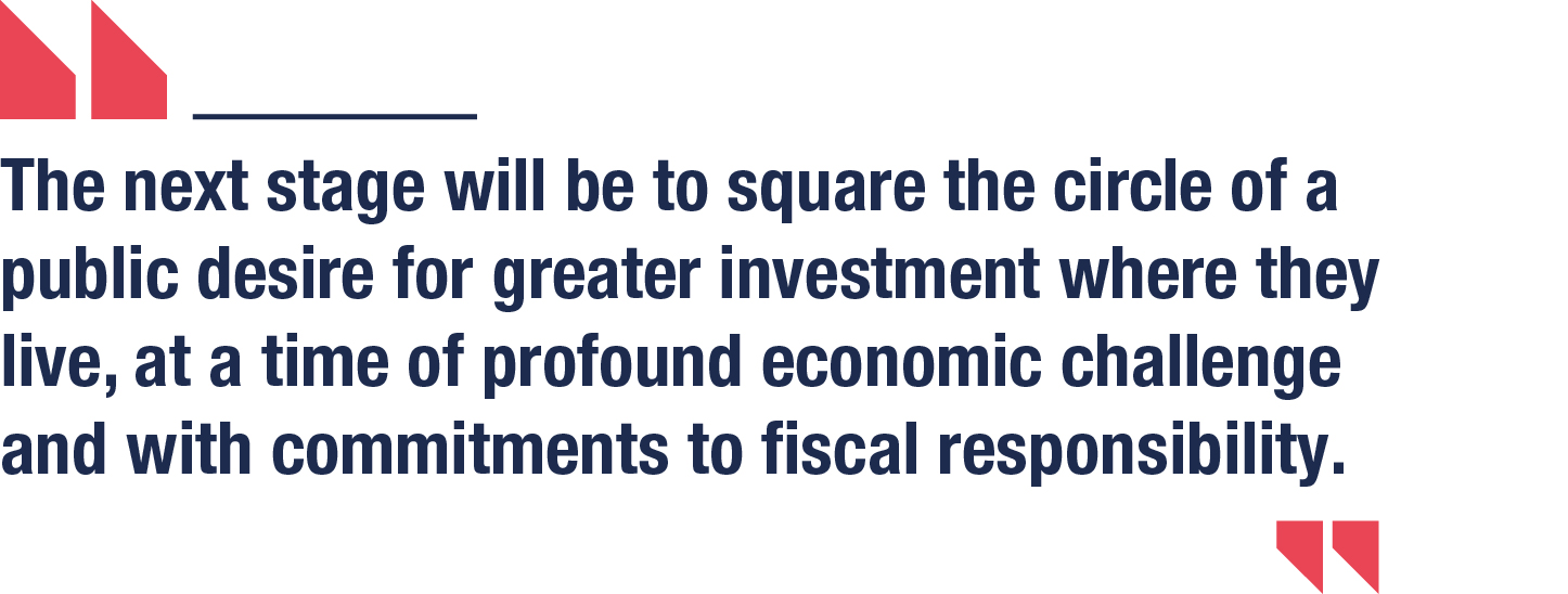 The next stage will be to square the circle of a public desire for greater investment where they live, at a time of profound economic challenge and with commitments to fiscal responsibility.