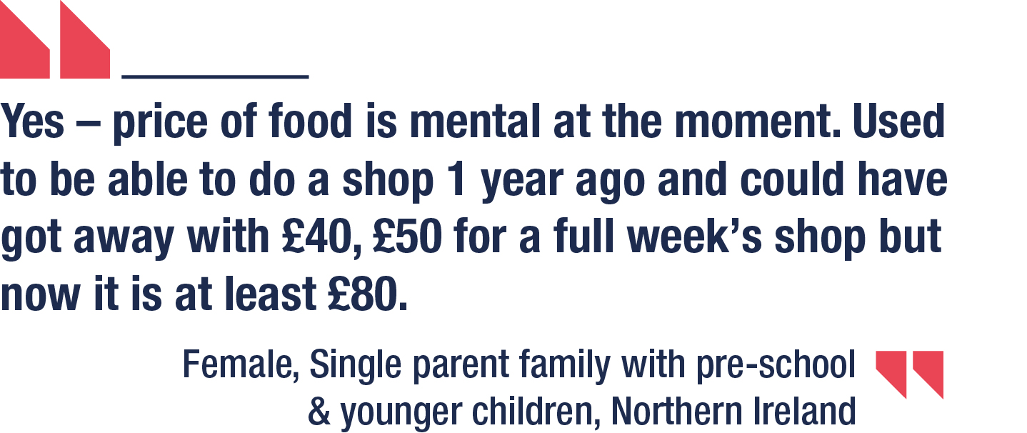 Yes – price of food is mental at the moment. Used to be able to do a shop 1 year ago and could have got away with £40, £50 for a full week's shop but now it is at least £80. Female, Single parent family with pre-school & younger children, Northern Ireland