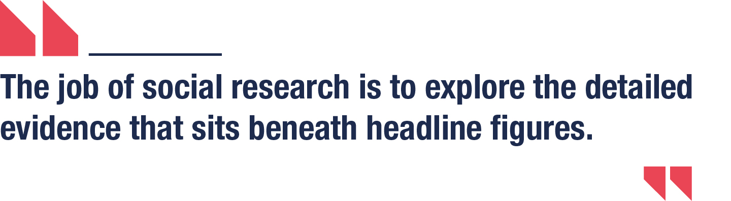 The job of social research is to explore the detailed evidence that sits beneath headline figures.