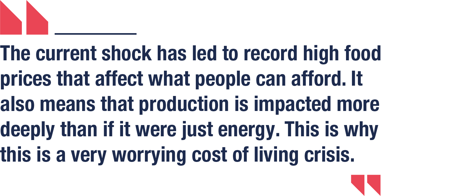 The current shock has led to record high food prices that affect what people can afford. It also means that production is impacted more deeply than if it were just energy. This is why this is a very worrying cost of living crisis.