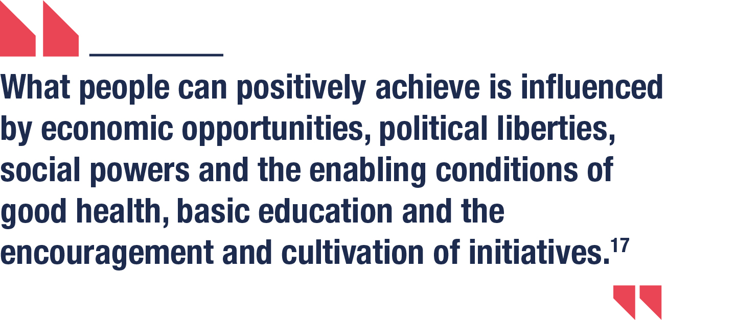 What people can positively achieve is influenced by economic opportunities, political liberties, social powers and the enabling conditions of good health, basic education and the encouragement and cultivation of initiatives.