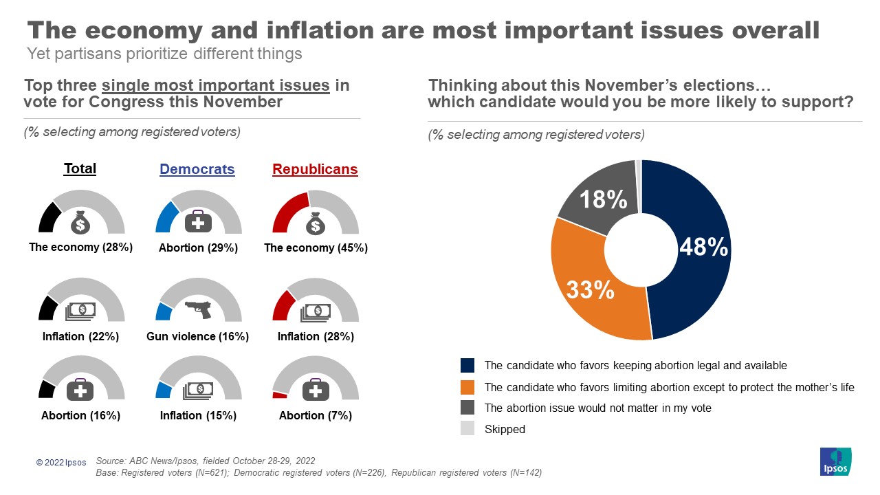 Graphs with the headline, "The economy and inflation are most important issues overall".