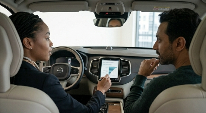 Mann und Frau sitzen im Auto und die Frau zeigt auf ein Diagramm.