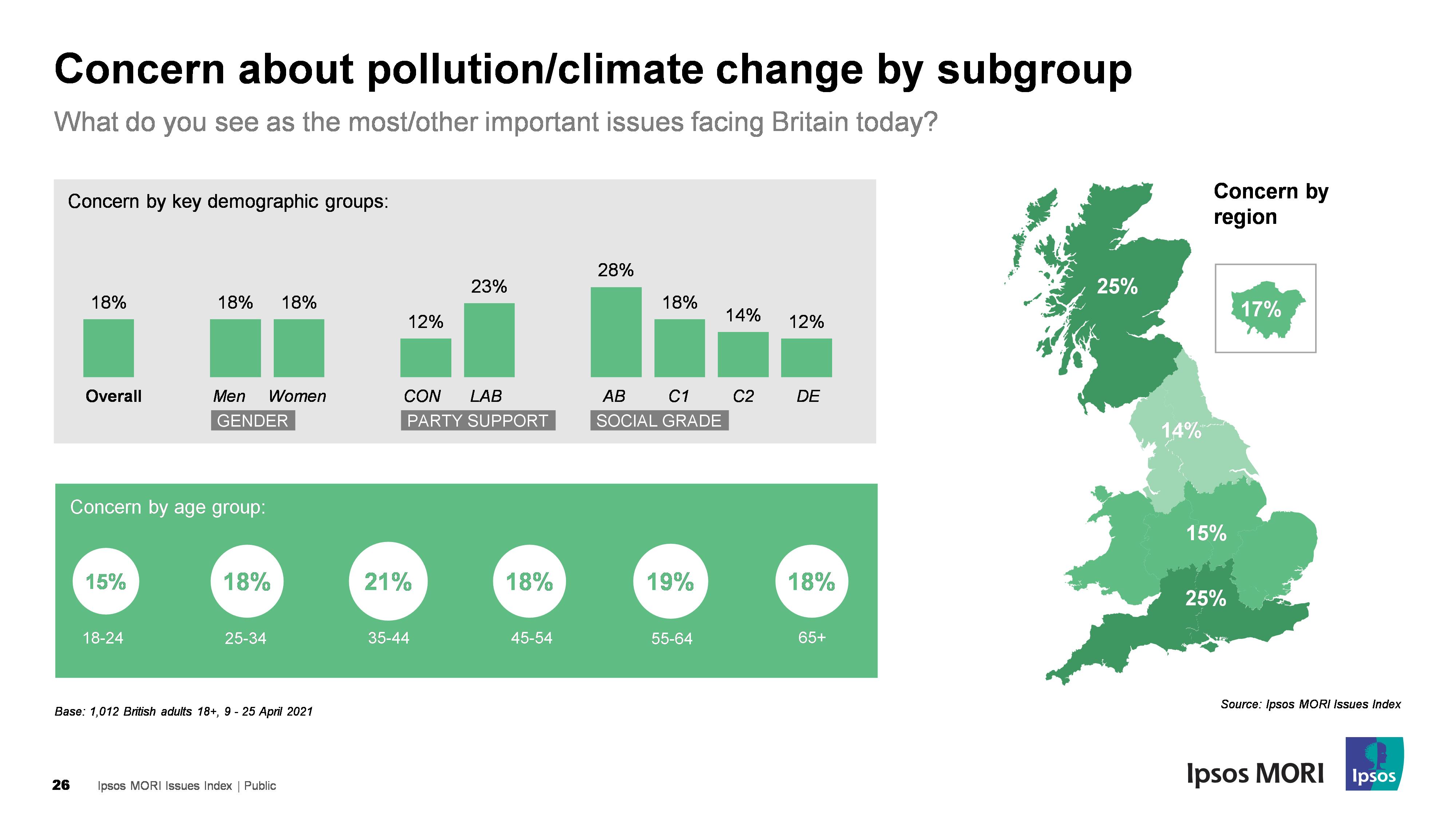 Concern about pollution/climate change by subgroup