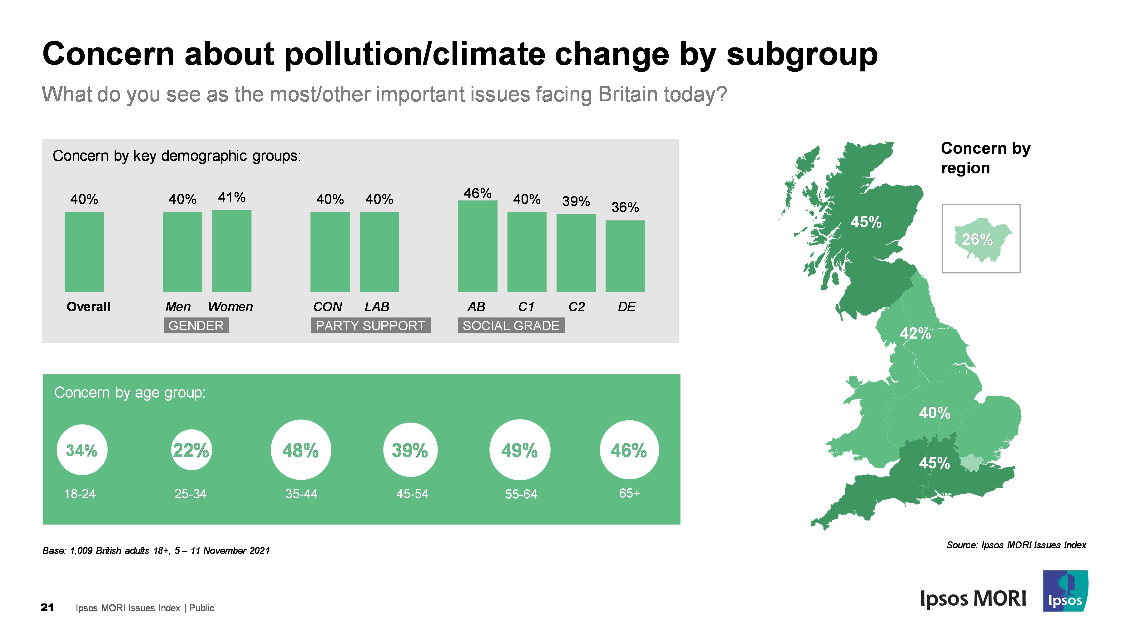 Concerns about pollution/climate change by subgroup