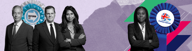 defections banner including three people on the left and a person on the right