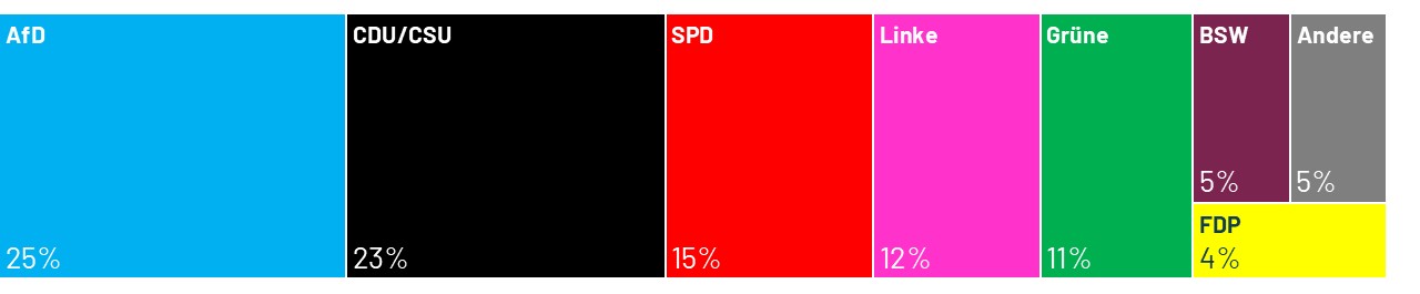 Welche Partei würde gewinnen, wenn am kommenden Sonntag Bundestagswahl wäre? Laut dem aktuellen Sonntagstrend von Ipsos läge die AfD mit 25 Prozent vor der Union aus CDU/CSU, die auf 23 Prozent käme.