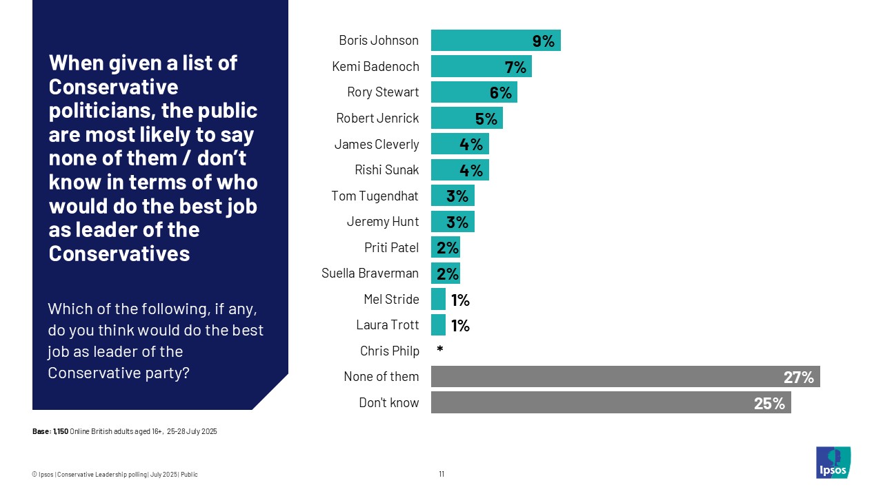 When given a list of Conservative politicians, the public are most likely to say none of them/don't know in terms of who would do the best job as leader of the Conservatives 