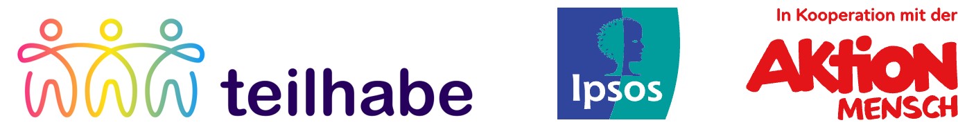 Die Grafik zeigt das Teilhabe Logo und die Logos von Ipsos und der Aktion Mensch
