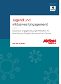 Die Grafik zeigt die Titelseite der Publikation "Jugend und inklusives Engagement" und das Logo der Aktion Mensch