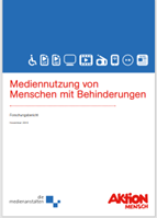 Die Grafik zeigt die Titelseite der Publikation "Mediennutzung von Menschen mit Behinderungen", sowie die Logos der Aktion Mensch und die Medienanstalten.