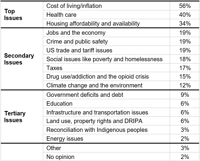 Table showing Top Issues in BC