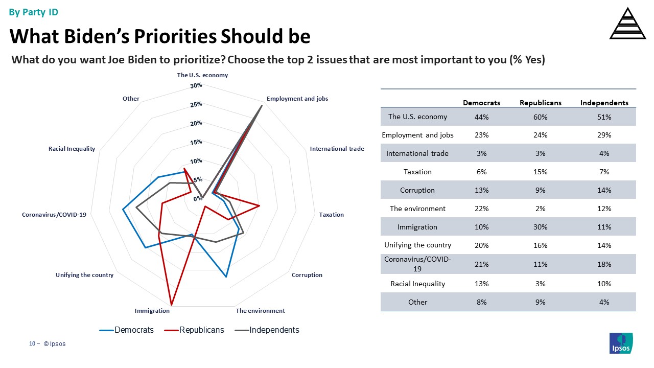 Spider-web showing, by partisanship, which issues Americans would like President BIden to prioritize.