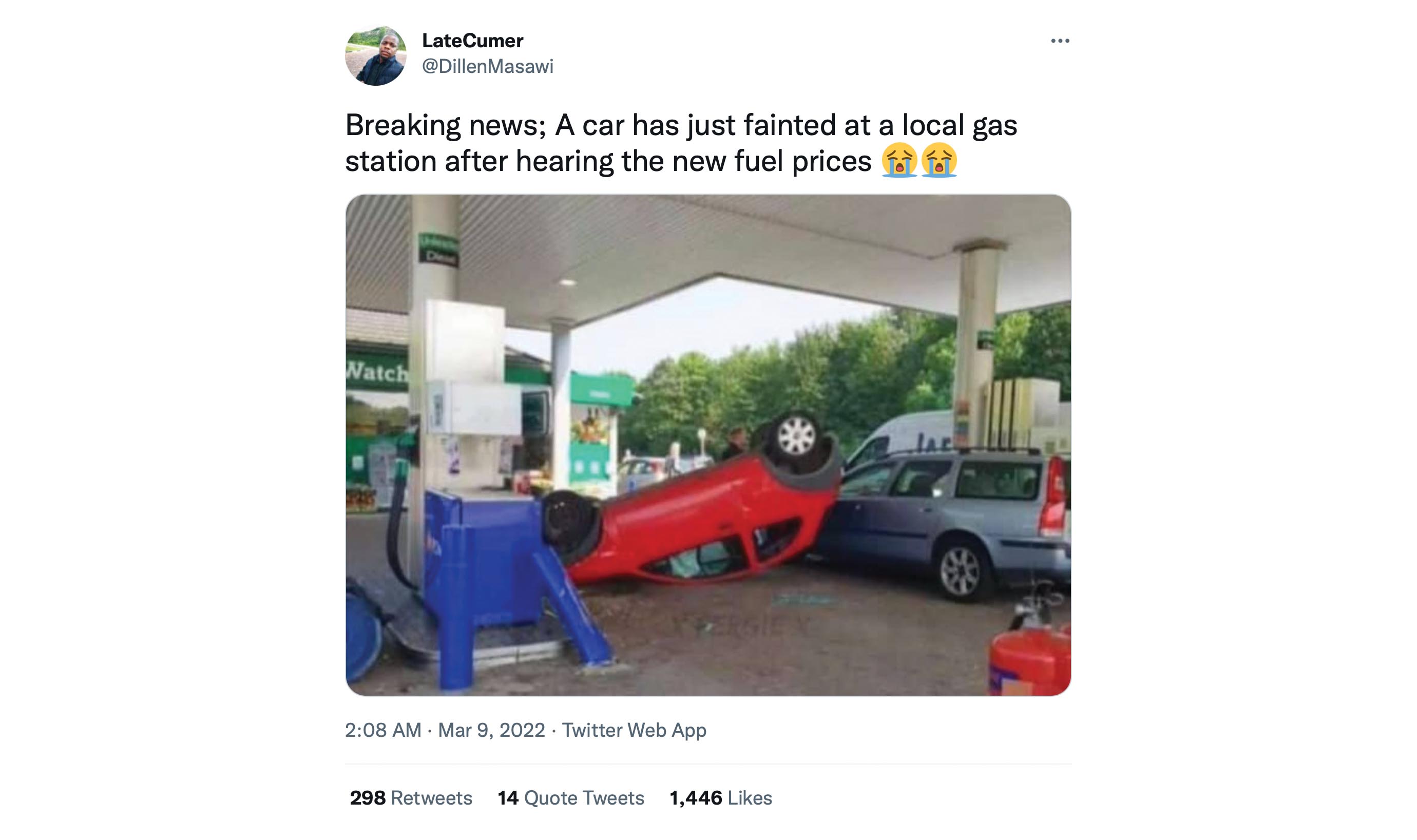Tweet by @DillenMasawi about high gas prices