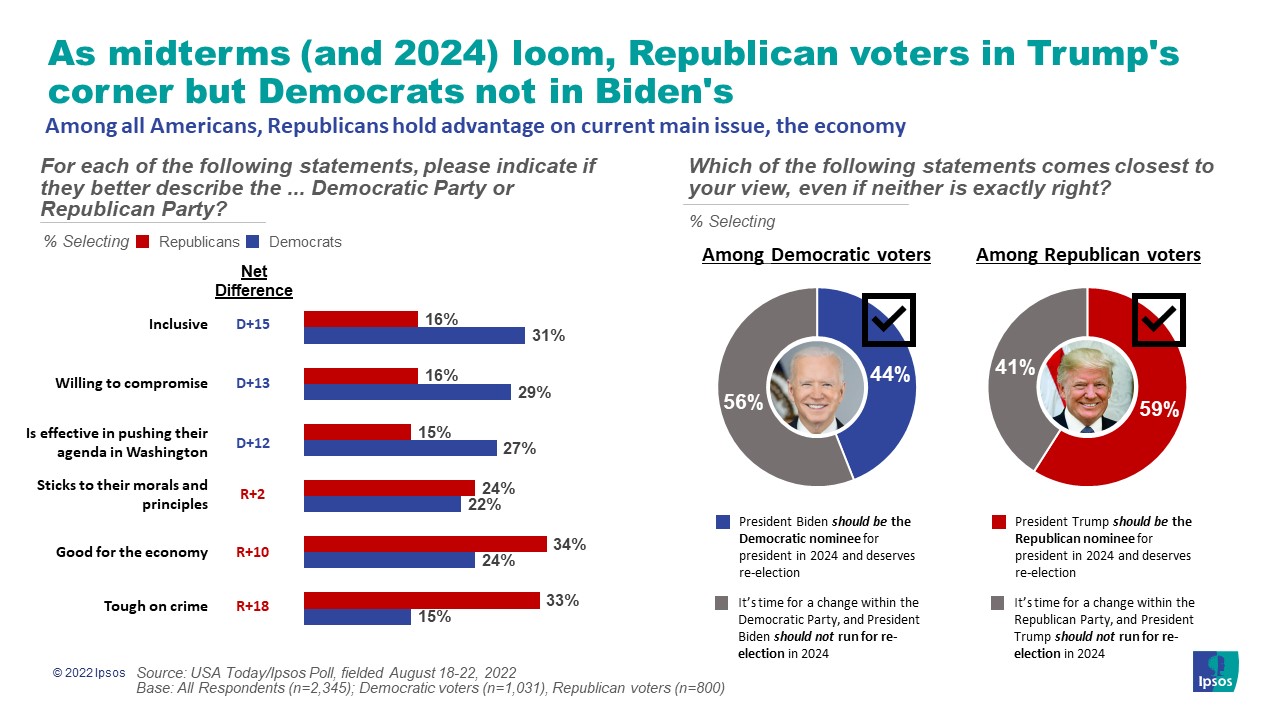 Graphic showing support for Biden and Trump in their respective parties regarding their potential re-election campaigns and perception of the Democratic and Republican Parties.