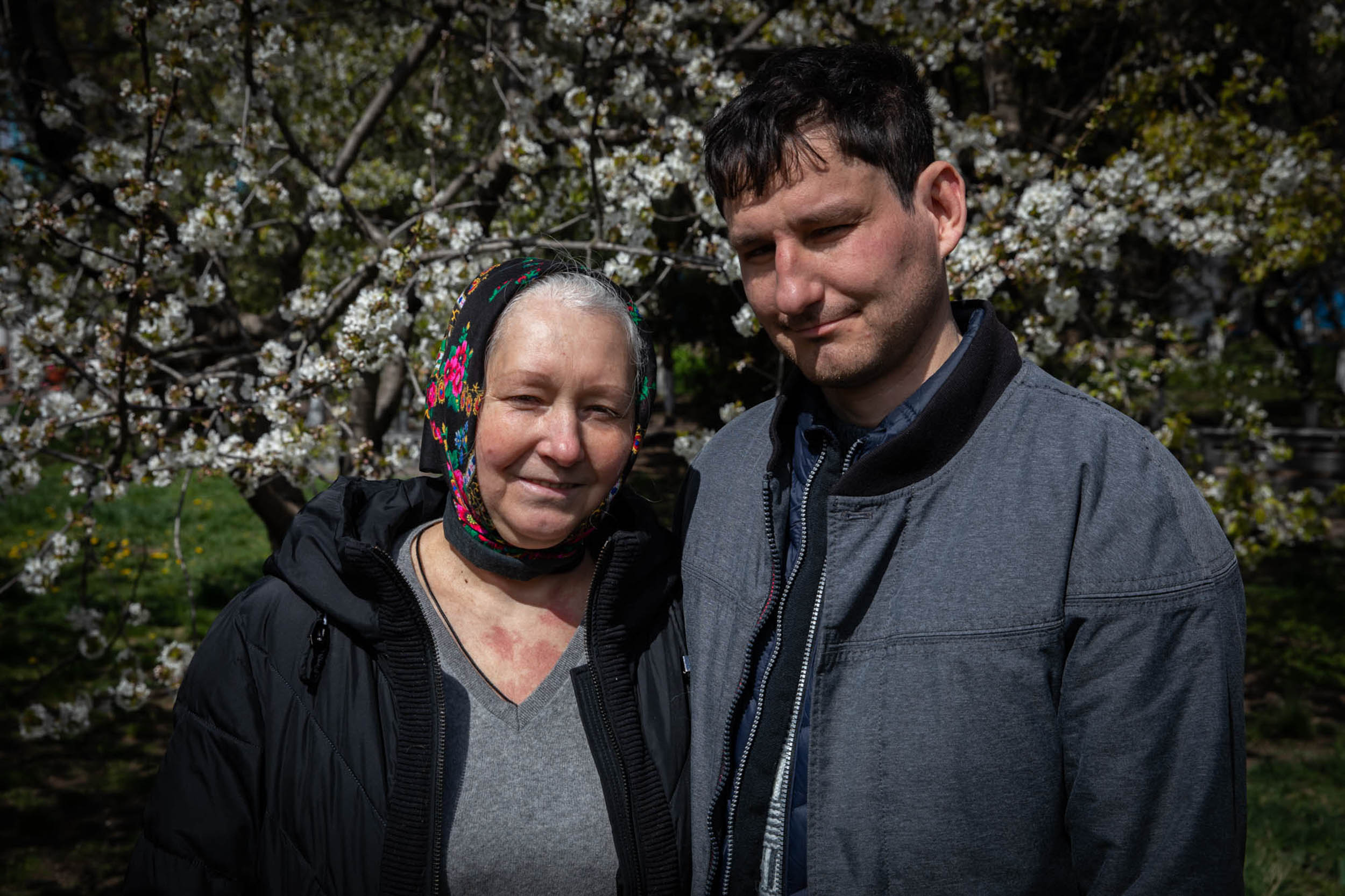 Irina Vitalievna, 59, fleeing Mariupol with her son on March 21, 2022.