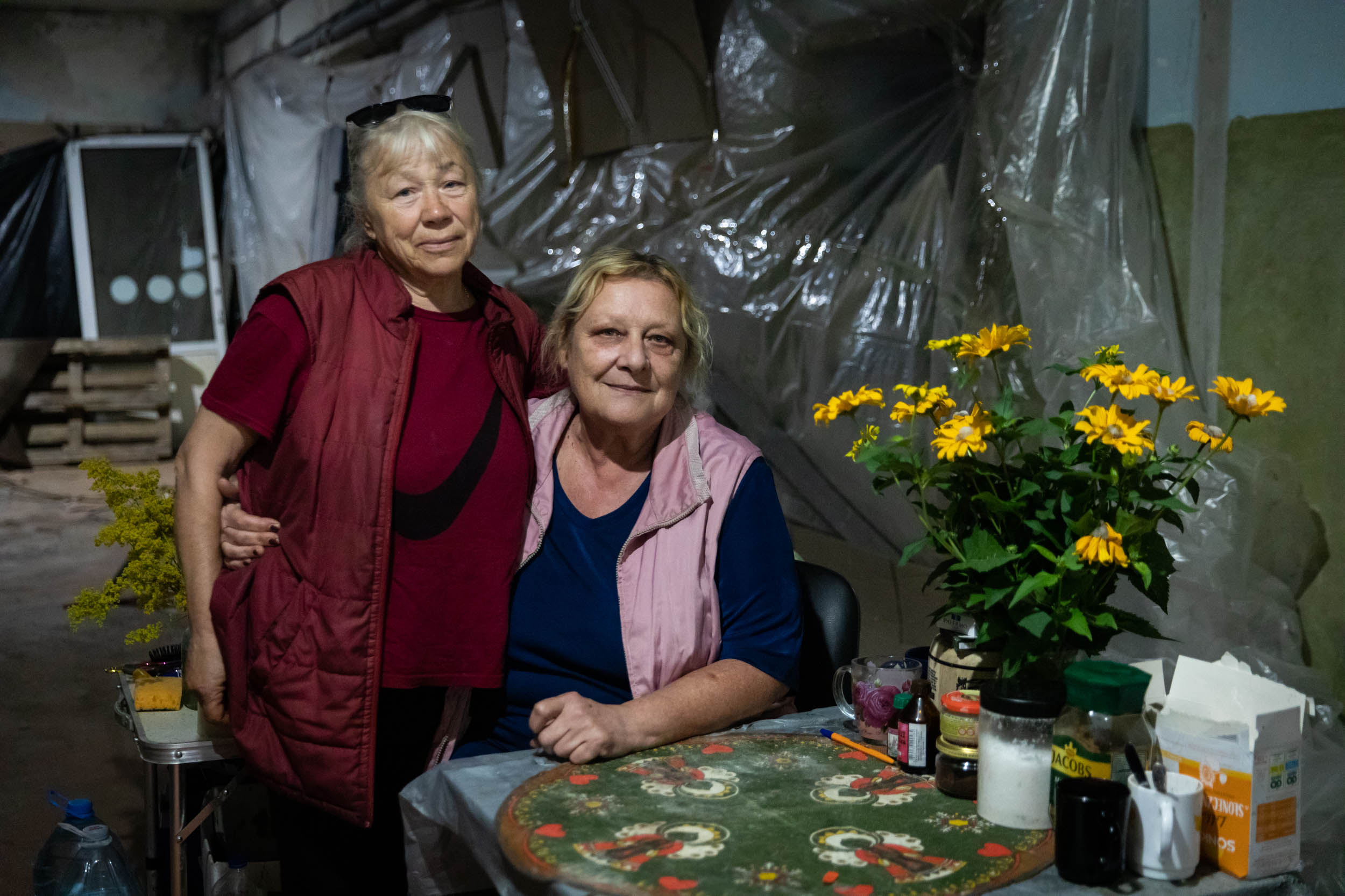 Olga and Ludmilla of Derhachi in the underground bunker where they took refuge.
