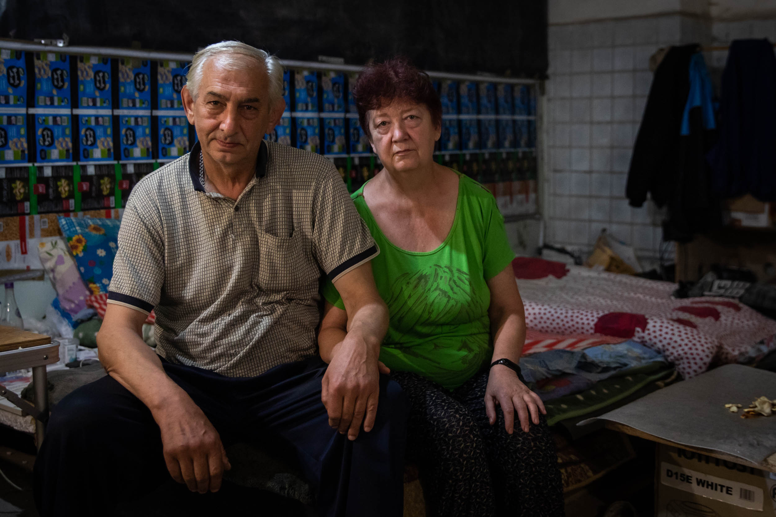 Ludmilla and Slava in the bunker where they have spent every night for over 3 months. 