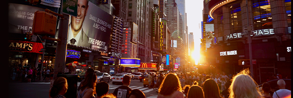 City street scene with advertising on the U.S.