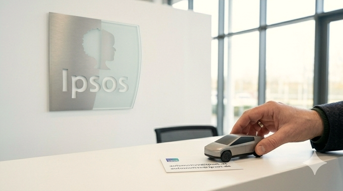 Spielzeugauto fährt über Ipsos Visitenkarte.