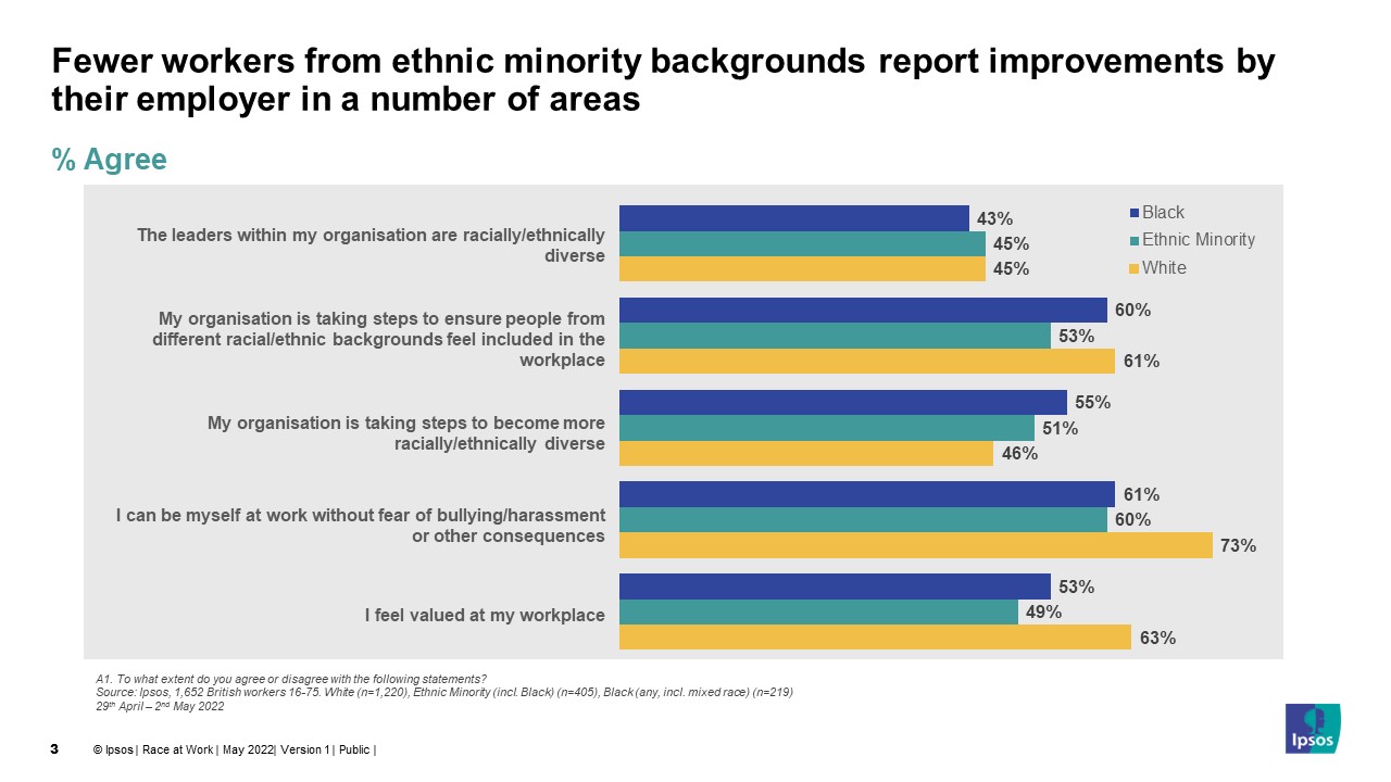 Fewer workers from ethnic minority backgrounds report improvements by their employer in a number of areas - Ipsos