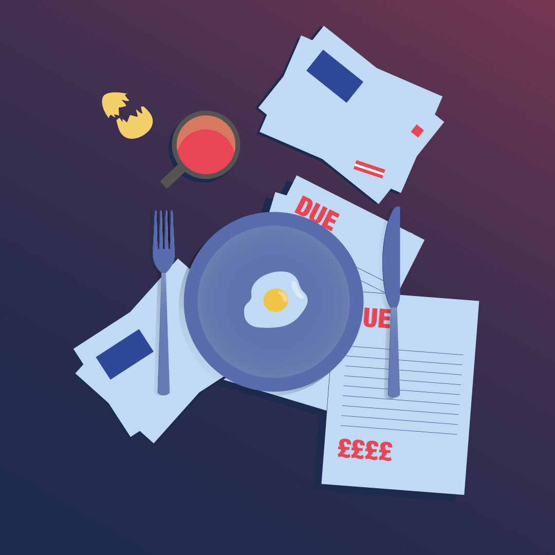 an illustration of a plate with a single small fried egg on it on top of bills 