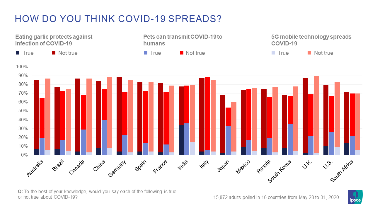How does COVID-19 spread?  Global public belief in myths and theories