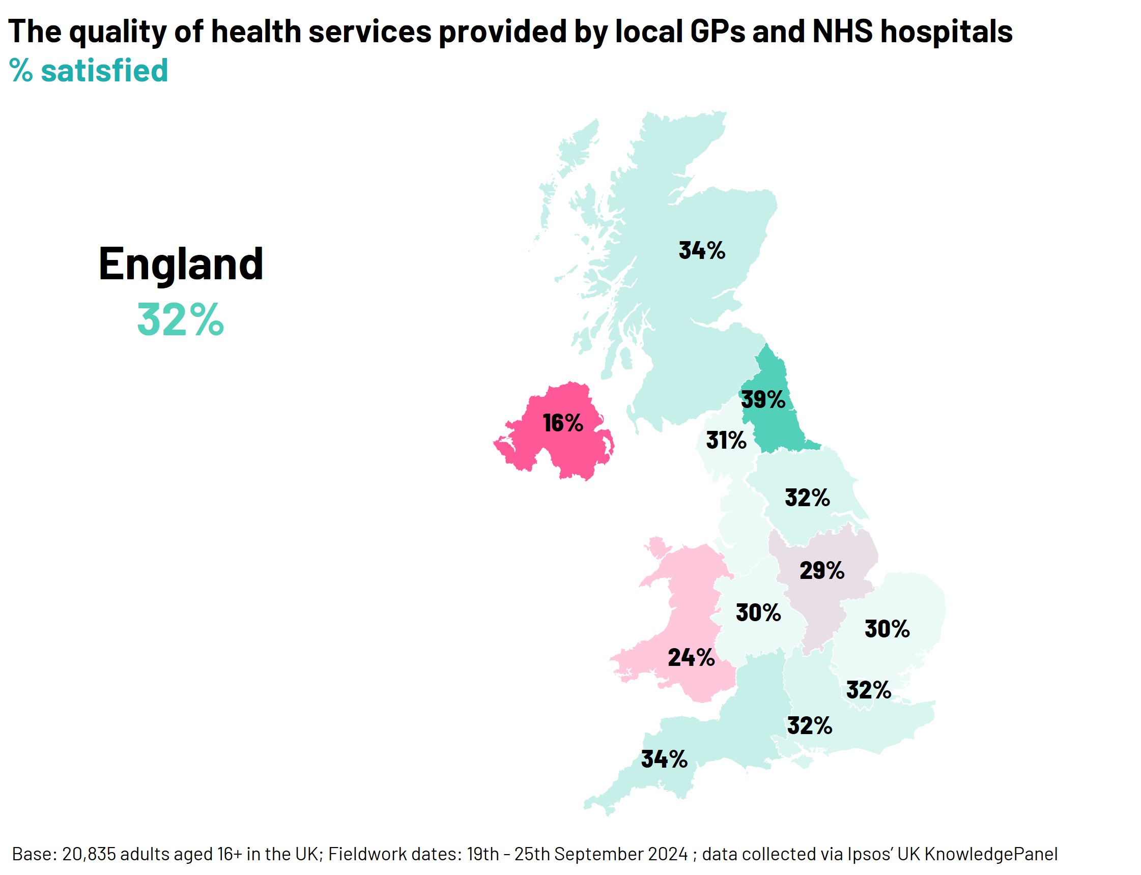 Map of the UK showing levels of satisfaction with health services by area