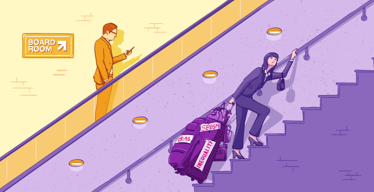 Illustration by David Ko - man taking escalator while woman holding heavy bags takes stairs