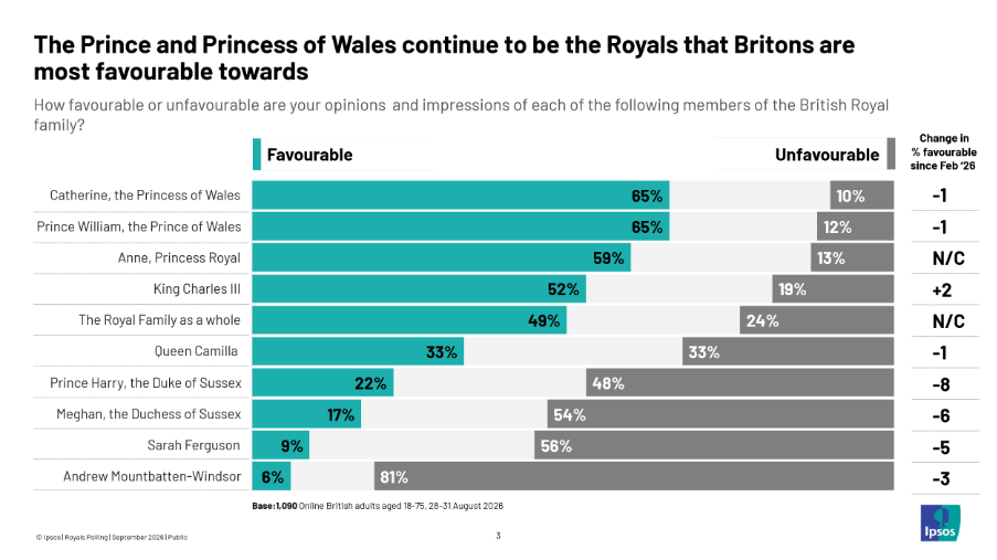 The Prince of Princess of Wales continue to be the Royals that Britons are most favourable towards.