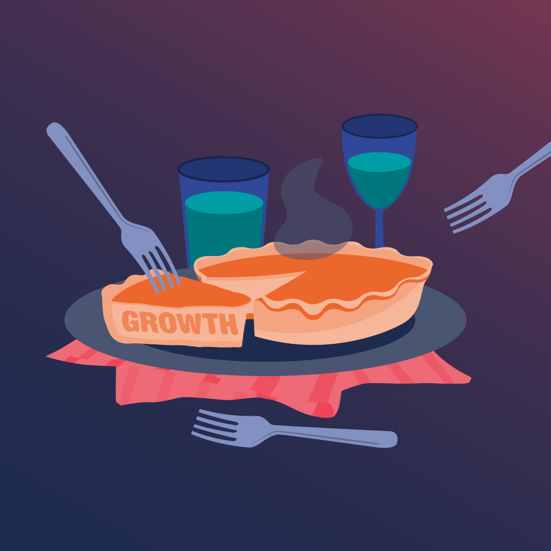 An illustration of a pie being sliced up with the word growth on it