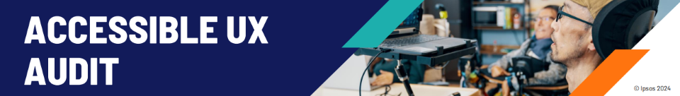 Banner mit der Aufschrift Accessible UX Audit und einem Mann im Rollstuhl, der mithilfe von Assistenztechnologie an einem Laptop arbeitet.
