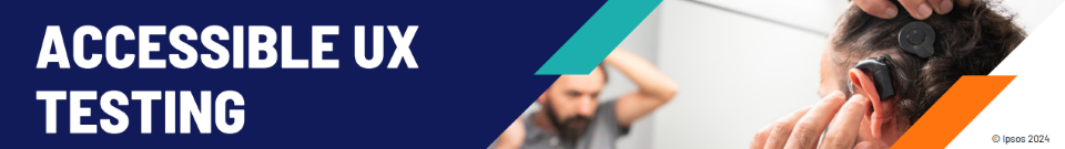 Banner mit der Aufschrift Accessible UX Testing und einer Person, die ein Hörgerät am Ohr anpasst.