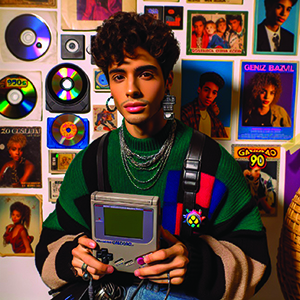 AI-generated image of a male teenager with a Nintendo gameboy with records on the wall behind him