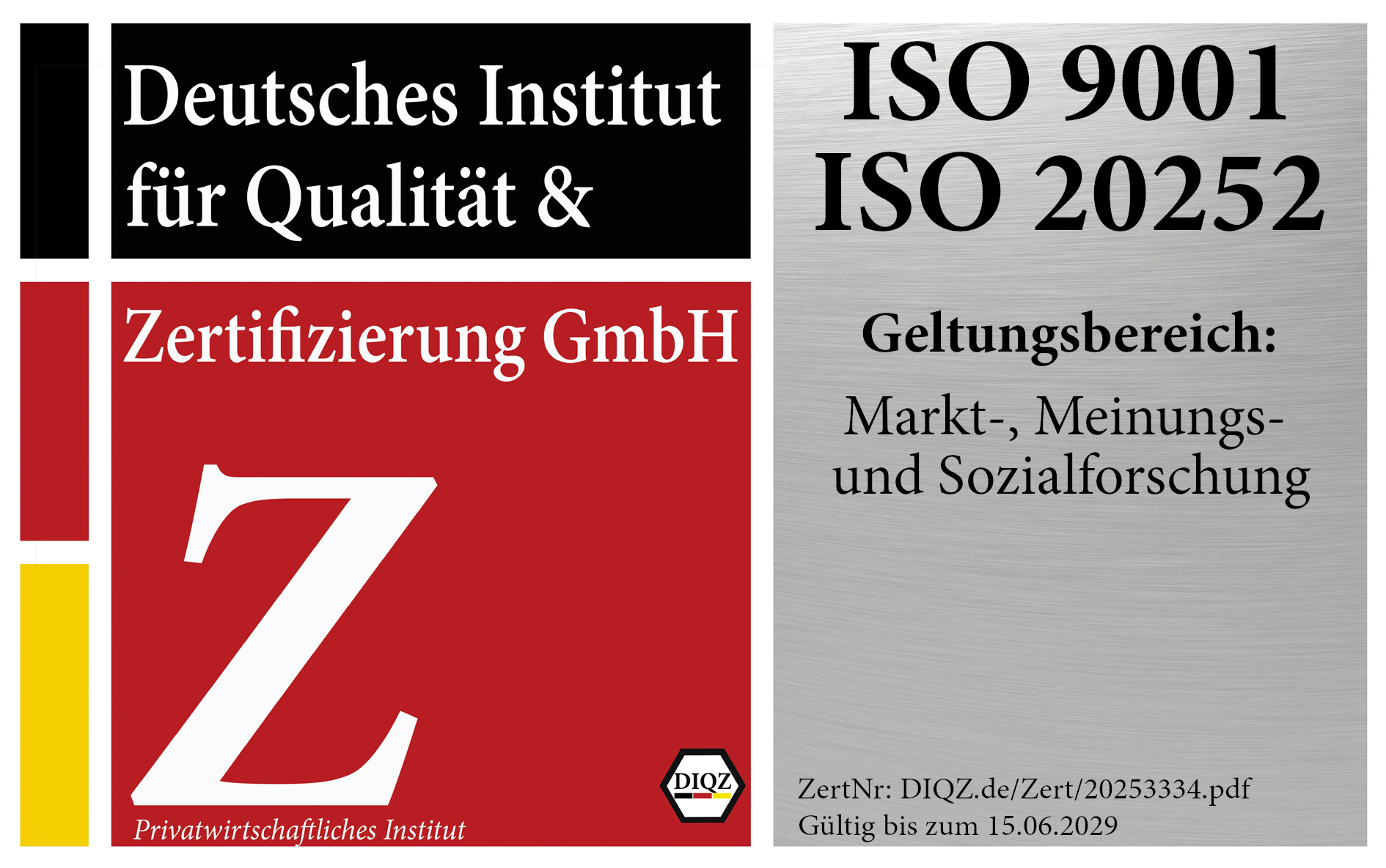 Deutsches Institut für Qualität & Zertifizierung GmbH ISO 9001, ISO 20252, Geltungsbereich: Markt-, Meinungs- und Sozialforschung, ZertNr: DIQZ.de/Zert/20253334.pdf, Gültig bis zum 15.06.2029