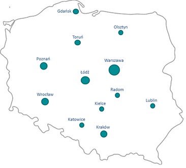 Mapa sal do badań central location w Polsce