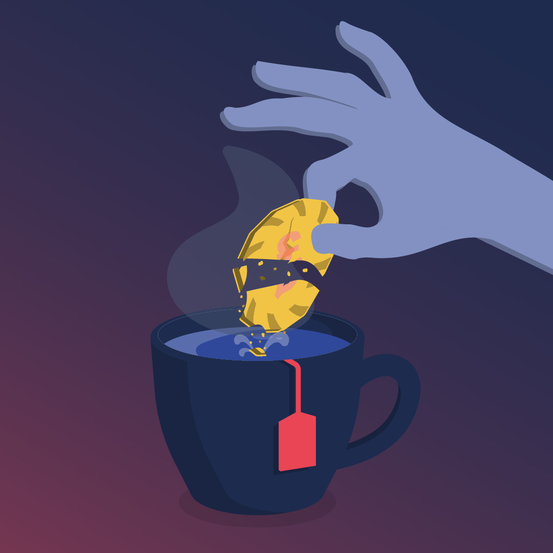 An illustration of a pound coin biscuit crumbling over a cup of tea