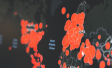Black map of world showing red spots with COVID 19 outbreaks