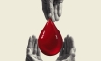 Illustration of a large red blood drop being passed from an upper hand to two cupped hands below, symbolizing blood donation and care.