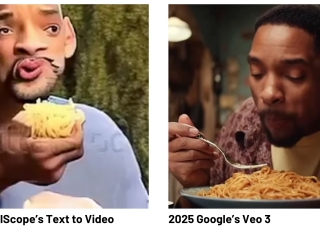 2023 ModelScope's Text to Video: distorted image of Will Smith and Spaghetti in his hand, 2025 Google's Veo 3: Image of Will Smith eating Spaghetti with a fork | Ipsos