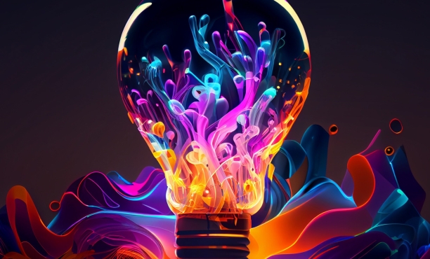 Bunte, leuchtende Glühbirne mit abstrakten Farbströmen im Inneren auf dunklem Hintergrund.