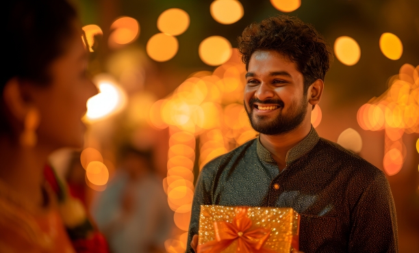 Diwali gift being given; very festive ambience