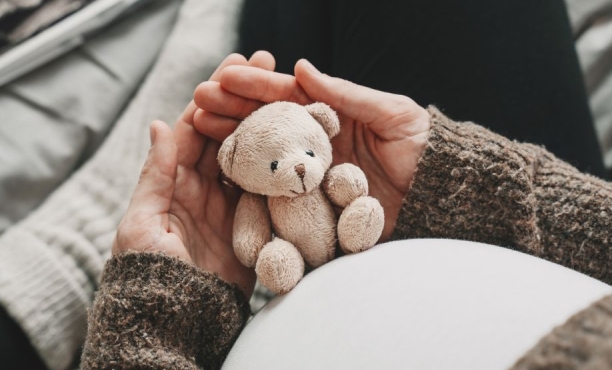 Woman pregnant belly with little teddy toy bear.