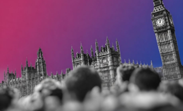 Black-and-white photograph-style view of a blurred crowd in front of the Palace of Westminster
