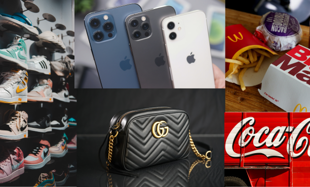 Picture of branded products - NIKE, Apple, Gucci, McDonald's, Coca-Cola