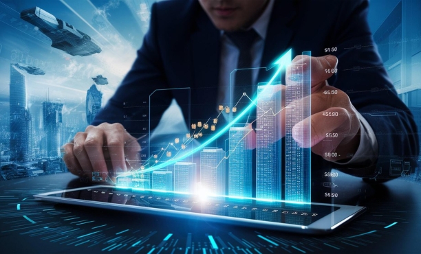 ビジネスマンがタブレットを使用しデータ集計をしている画像