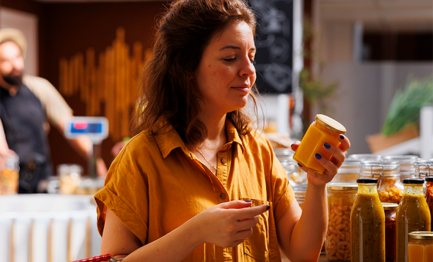 Mulher olhando produto em uma feira