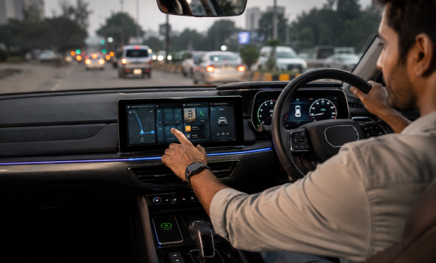 A modern car interior with a digital cockpit shows a driver interacting with a touchscreen while navigating through busy city traffic.